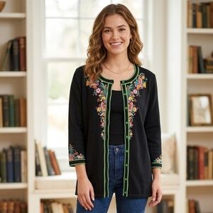 Bob Mackie Womens Embroidered Spring‎ Fruit Sweater Cardigan Size Large